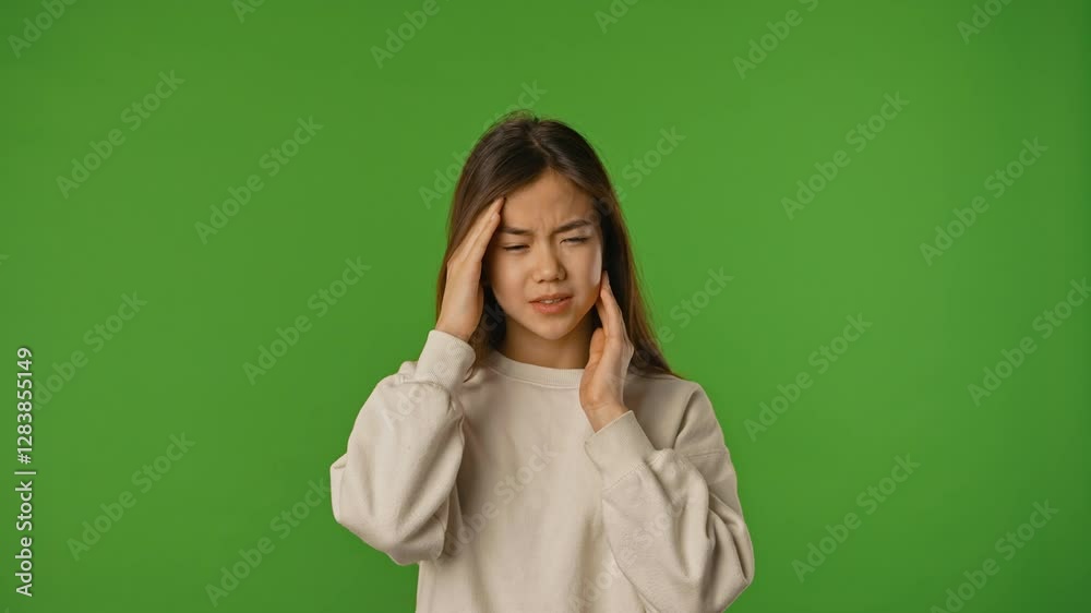 Asian girl child has headache, holding head and massaging temples, painful expression, isolated on chroma key green screen studio background mockup. Asian girl child has headache, holding head and massaging temples, painful expression, isolated on chroma key green screen studio background mockup.