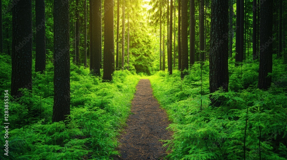 Obraz premium A serene forest path illuminated by sunlight, surrounded by lush greenery and tall trees, inviting exploration and tranquility.