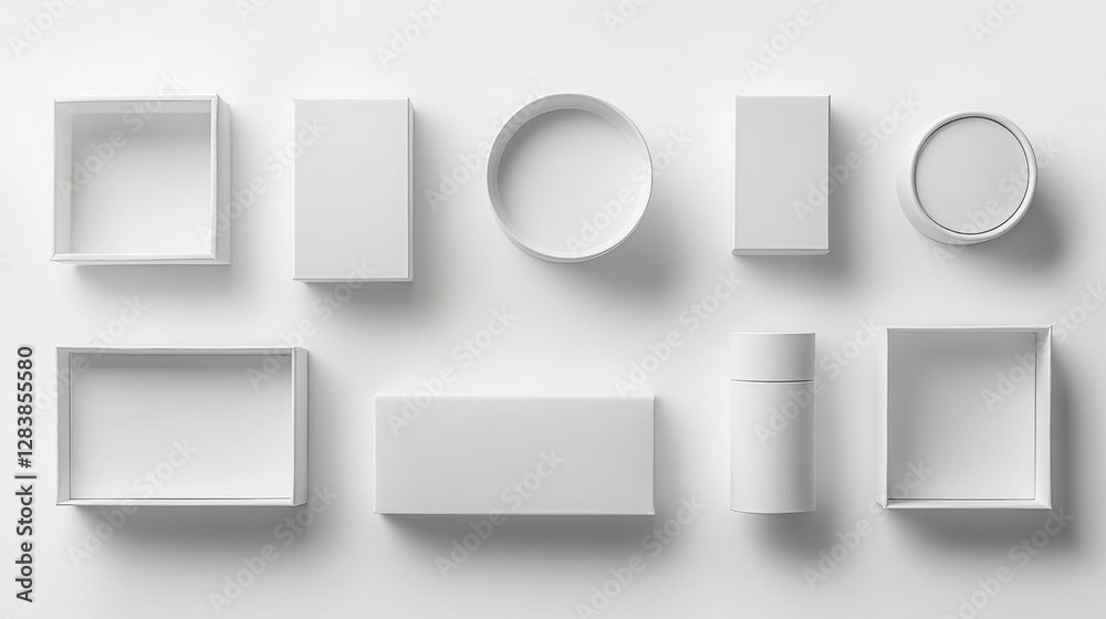 White wall with various shapes of white boxes with lids arranged in different compositions and patterns White wall with various shapes of white boxes with lids arranged in different compositions and patterns