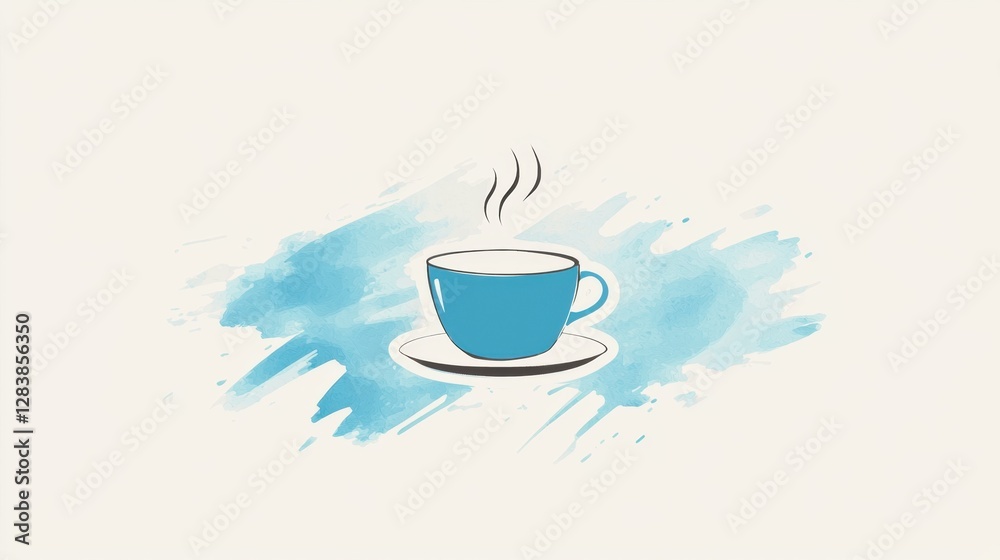 Vibrant Blue Coffee Cup on a Saucer with Steam and Artistic Watercolor Background Perfect for Cozy Beverage Illustrations Vibrant Blue Coffee Cup on a Saucer with Steam and Artistic Watercolor Background Perfect for Cozy Beverage Illustrations