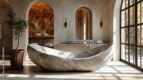 Luxurious spa-like bathroom with unique sculpted bathtub, natural light, and earthy tones.