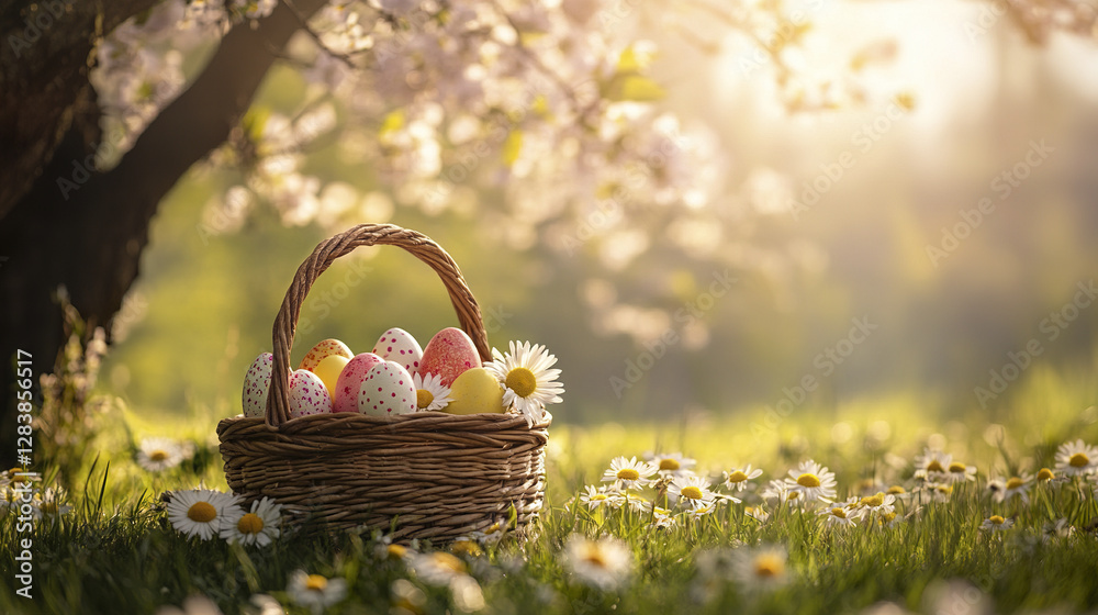cozy Easter setup with handwoven basket of painted eggs in sunny meadow cozy Easter setup with handwoven basket of painted eggs in sunny meadow