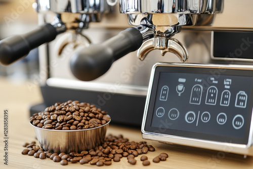 A barista's workstation featuring coffee beans and a tamper in a high-quality image. photo