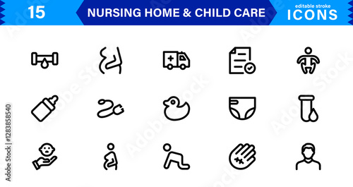Nursing and Child Care Icon Set. Professional Vector Icons for Healthcare, Pediatrics, and Baby Care Designs