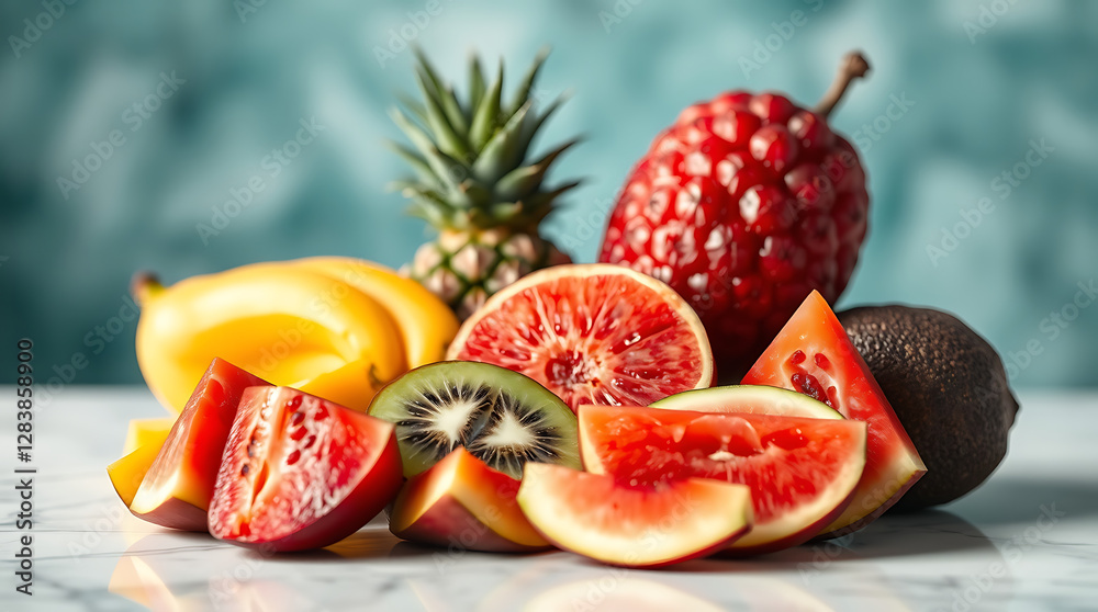 Fresh Sliced Mixed Fruits with Open Copy Space – Vibrant and Healthy Food Background for Design and Marketing Fresh Sliced Mixed Fruits with Open Copy Space – Vibrant and Healthy Food Background for Design and Marketing