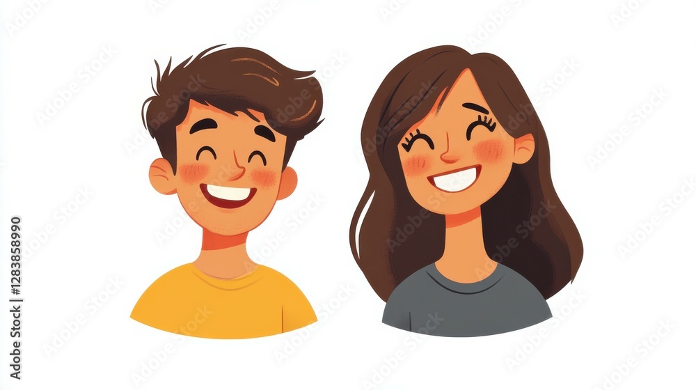 Cartoon characters smiling with brown hair and casual clothing Cartoon characters smiling with brown hair and casual clothing