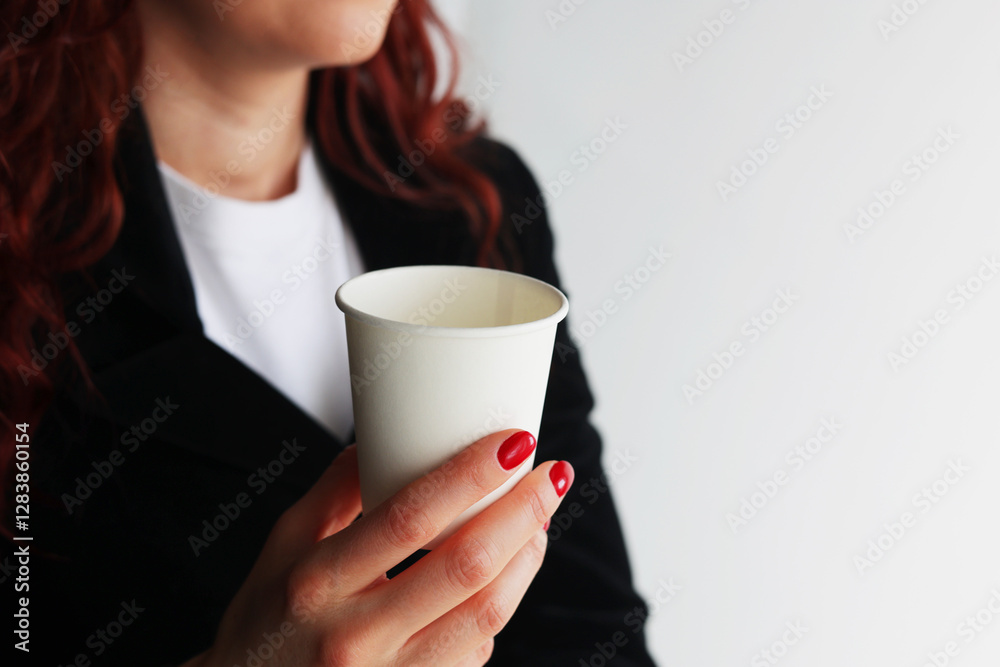 woman with a cup of coffee in her hand on a white background. paper tableware, paper cup. recycled tableware, ecology woman with a cup of coffee in her hand on a white background. paper tableware, paper cup. recycled tableware, ecology