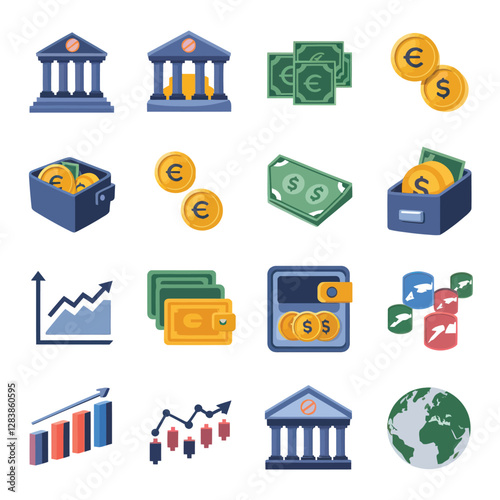 vector colorful economy trading graph cash money linked with curved dash line over the world bank