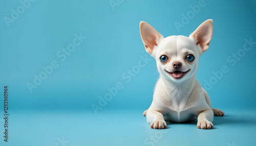 Happy White Chihuahua Dog Posing on Light Blue Surface with  for Pet Accessories photo