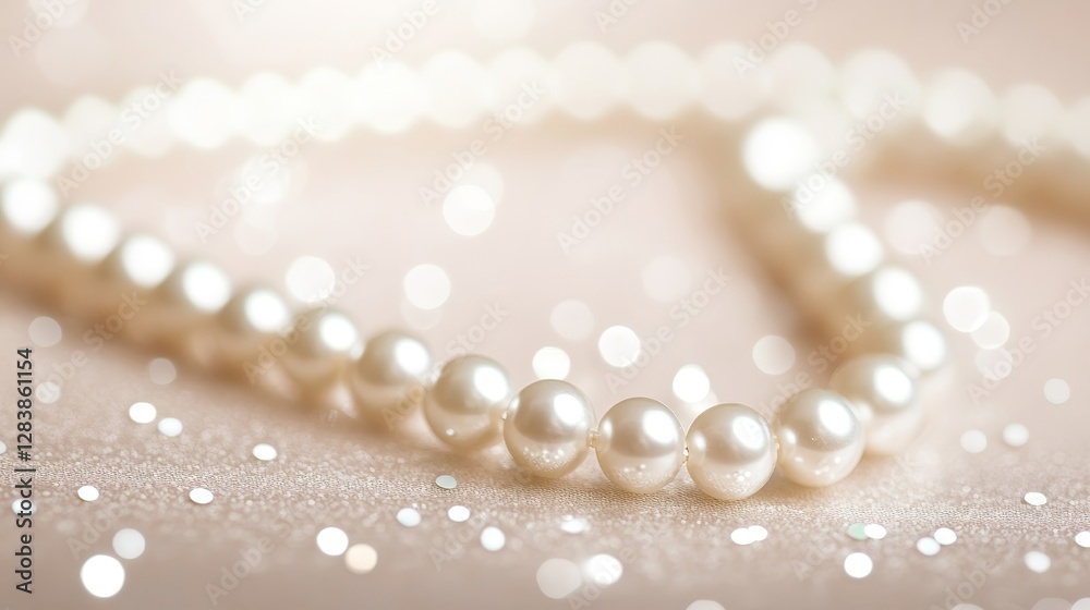 Elegant Close-Up of Shimmering Pearl Necklace on Glittery Surface Elegant Close-Up of Shimmering Pearl Necklace on Glittery Surface