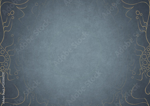 Light blue textured paper with vignette of golden hand-drawn pattern on a darker background color. Copy space. Digital artwork, A4. (pattern: p13-1a)