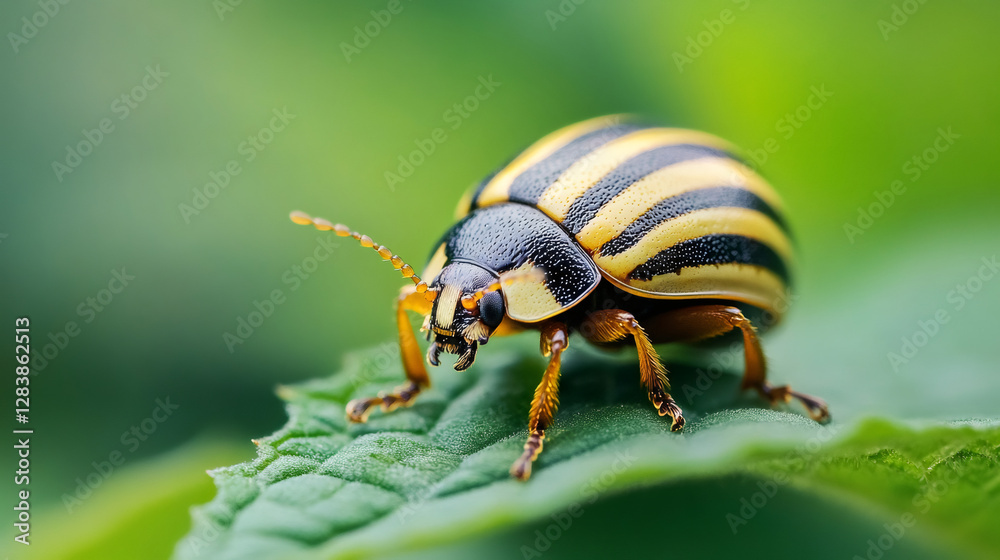 Close-up of Colorado potato beetle crawling on green potato leaf, highlighting agricultural pest damage in summer sunlight Close-up of Colorado potato beetle crawling on green potato leaf, highlighting agricultural pest damage in summer sunlight