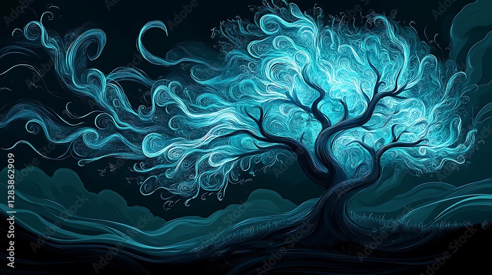 Obraz premium Glowing Blue Tree Digital Painting: Mystical Night Scene AI Generated