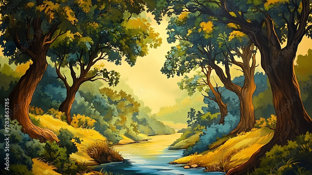 Fototapeta premium Serene River Scene: Digital Painting of a Summer Forest Path AI Generated