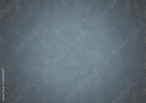 Light blue textured paper with vignette of golden hand-drawn pattern on a darker background color. Copy space. Digital artwork, A4. (pattern: p13-2c)