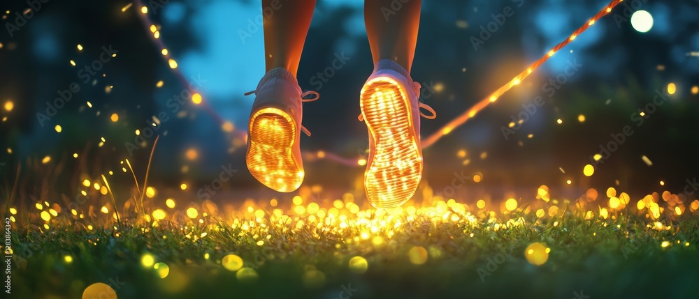 Runner in illuminated sneakers enchanted forest dynamic photography twilight setting up-close perspective glow of movement