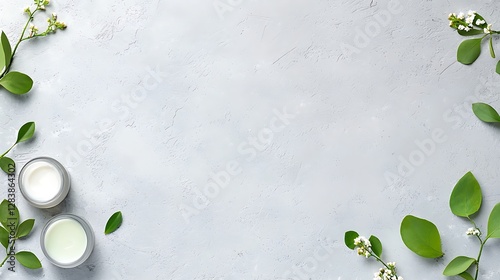 Natural skincare products with green leaves and white flowers on a grey background for wellness and beauty themes