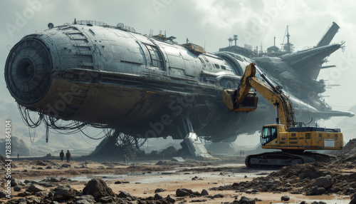Enormous futuristic spaceship being excavated by construction machinery on wasteland