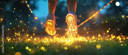 Obraz na płótnie Runner in illuminated sneakers enchanted forest dynamic photography twilight setting up-close perspective glow of movement w salonie