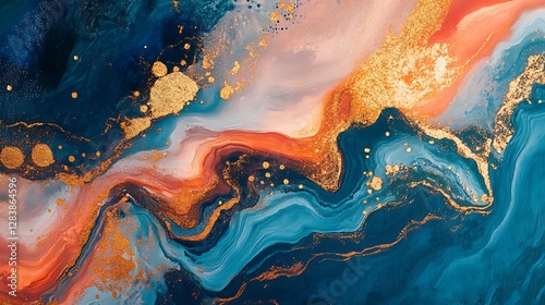 An abstract painting featuring colorful swirling patterns with gold accents