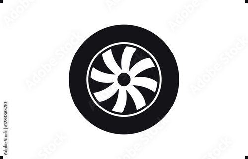 Black rubber wheel tire design. Wheel tires. Car tire tread tracks, Mini Van racing wheel mascot design. Tyres road maintenance vector automobile. Auto Van wheel tyre. Vector illustration rim design