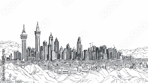 Mecca Cityscape with Iconic Towers in Ink .eps