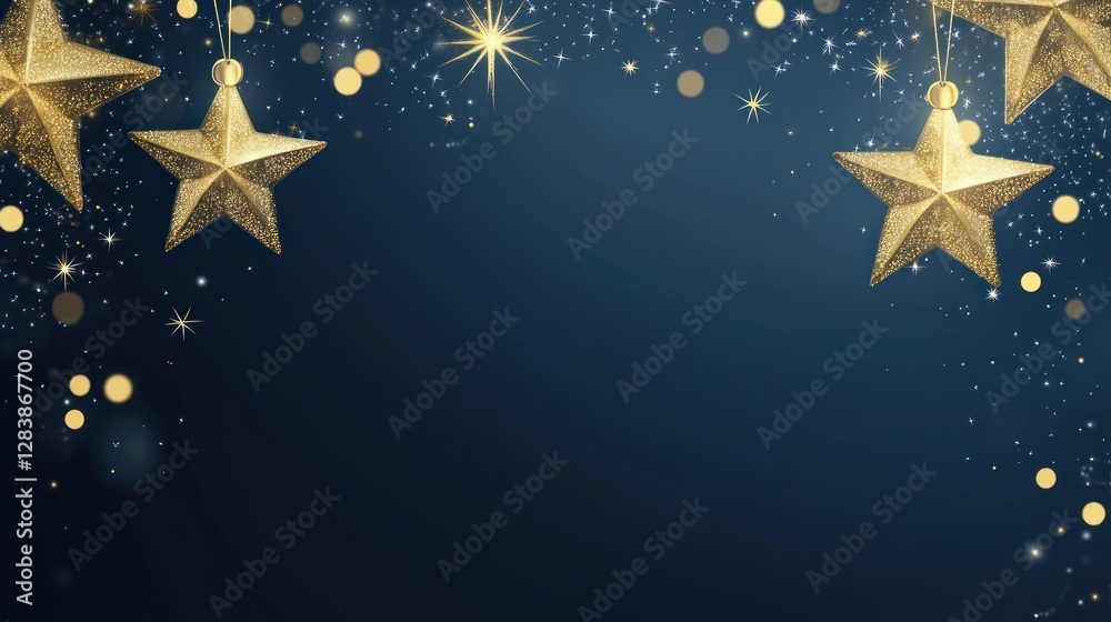 Obraz premium Gold star ornaments on dark blue background with glitter and bokeh, festive design.