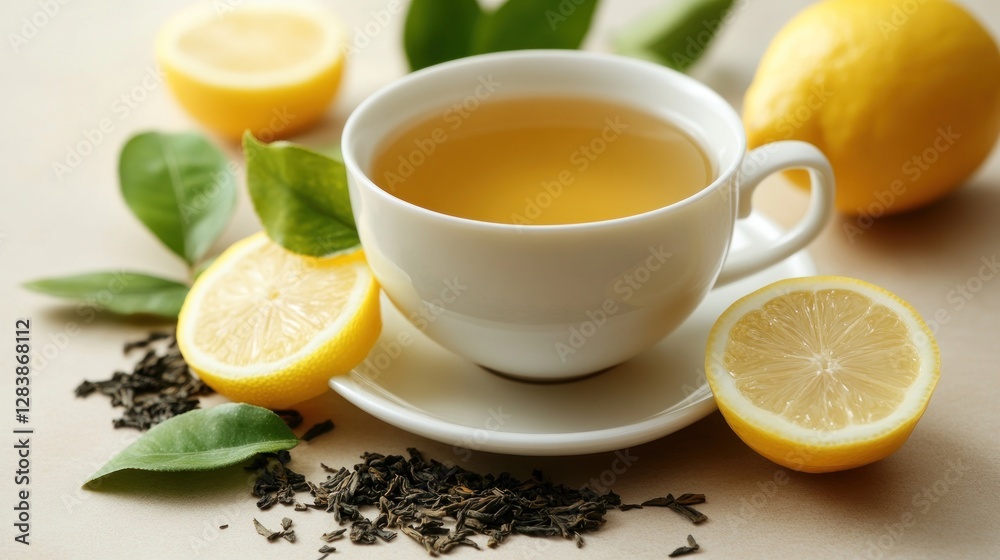 A cup of lemon tea surrounded by lemon slices and tea leaves, evoking refreshment and relaxation. A cup of lemon tea surrounded by lemon slices and tea leaves, evoking refreshment and relaxation.