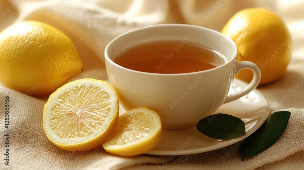 A cup of tea with lemon slices and whole lemons, set on a soft fabric background. A cup of tea with lemon slices and whole lemons, set on a soft fabric background.