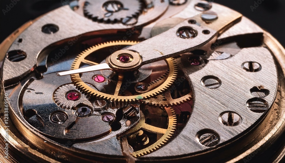 Super close-up of a fine Swiss watch movement, highlighting intricate gears and mechanical details, showcasing precision craftsmanship and delicate engineering. Super close-up of a fine Swiss watch movement, highlighting intricate gears and mechanical details, showcasing precision craftsmanship and delicate engineering.