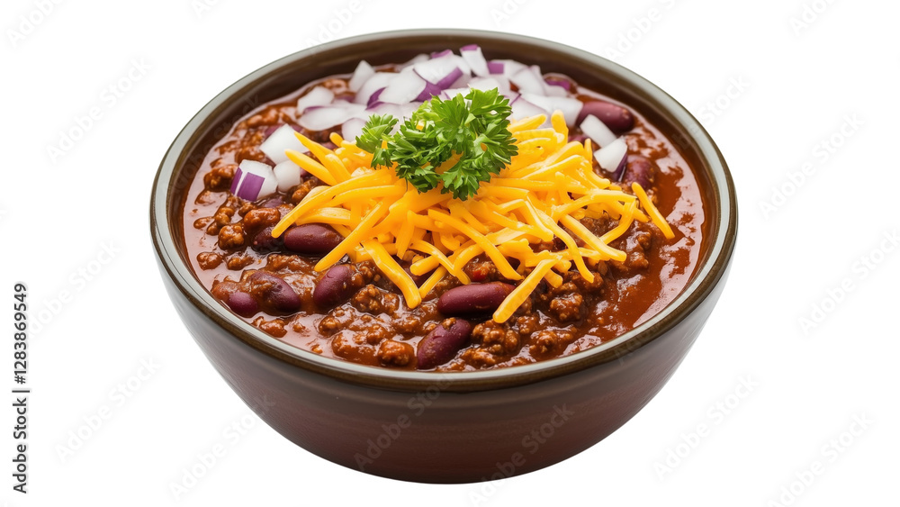 A bowl of chili topped with shredded cheese and chopped onions A bowl of chili topped with shredded cheese and chopped onions