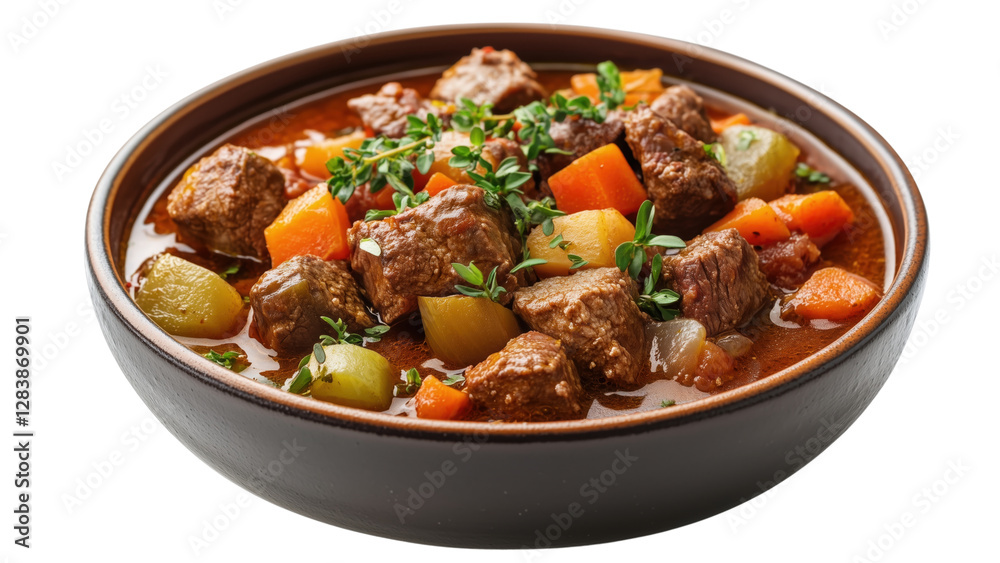A bowl of hearty beef stew with tender chunks of meat and vegetables A bowl of hearty beef stew with tender chunks of meat and vegetables