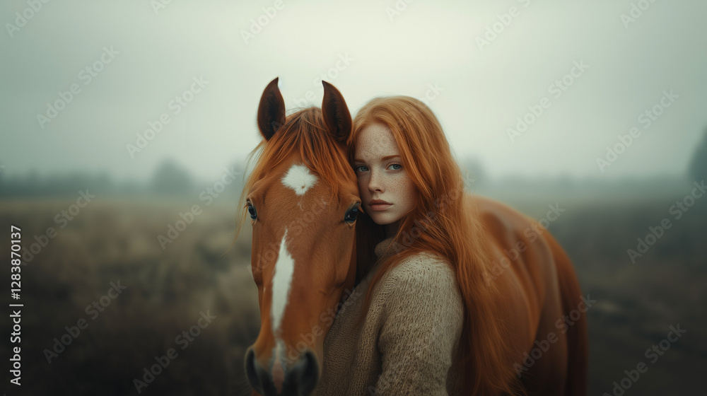 Obraz premium Freckled gray haired woman with her horse
