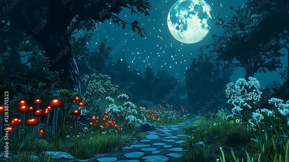 Fototapeta premium Enchanted Forest Path at Night: A 3D Render of a Moonlit Landscape AI Generated