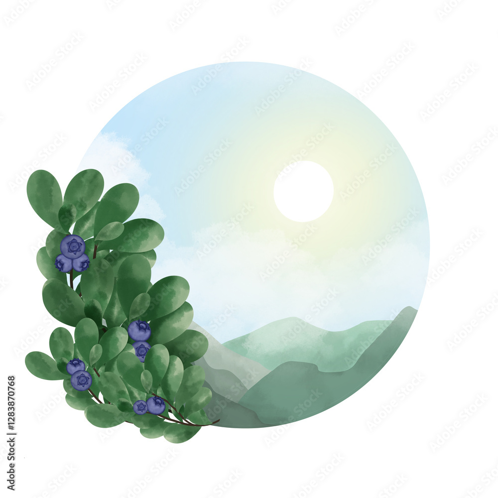 Round illustration. Green branches of blueberries on the background of a mountain landscape. Watercolor Round illustration. Green branches of blueberries on the background of a mountain landscape. Watercolor