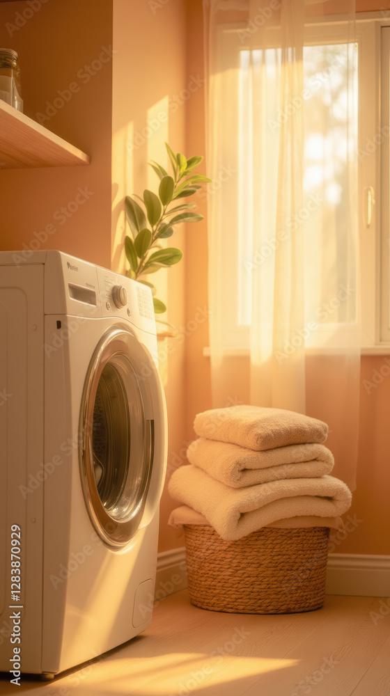 Fresh towels stacked beside washing machine in cozy laundry room