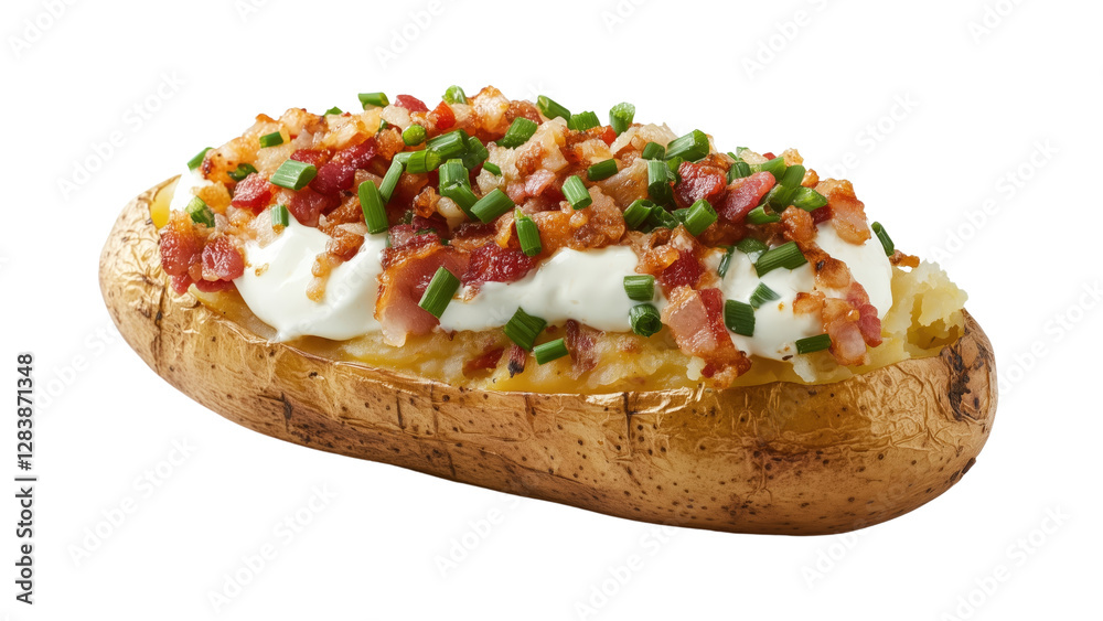 A loaded baked potato with sour cream, bacon, and chives A loaded baked potato with sour cream, bacon, and chives