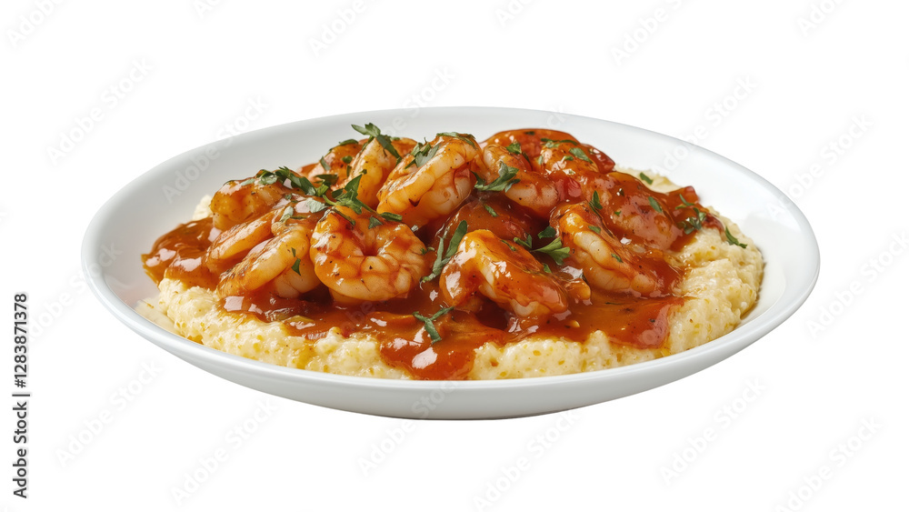 A plate of shrimp and grits with a spicy Cajun sauce A plate of shrimp and grits with a spicy Cajun sauce
