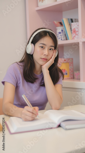 Focused young woman studying with headphones in cozy room