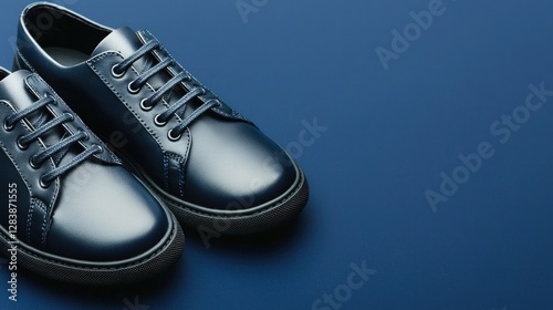 Leather casual shoes with untied laces on a solid navy blue background