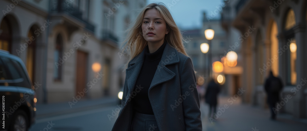 woman walks confidently in city street at dusk, wearing stylish coat woman walks confidently in city street at dusk, wearing stylish coat