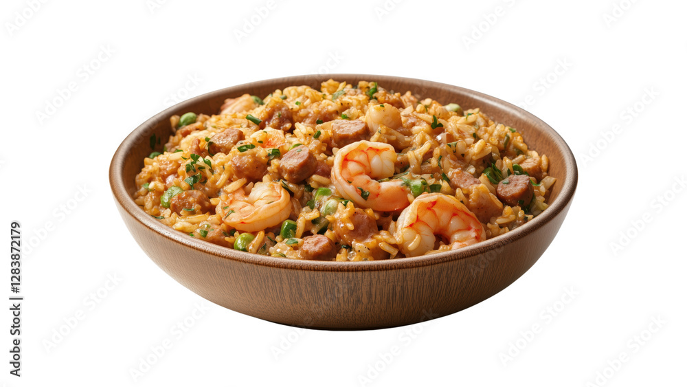 A dish of Cajun-style jambalaya with shrimp and sausage A dish of Cajun-style jambalaya with shrimp and sausage