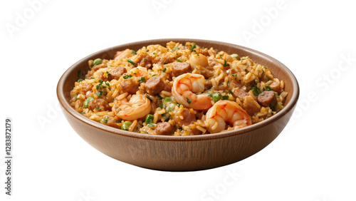 A dish of Cajun-style jambalaya with shrimp and sausage
