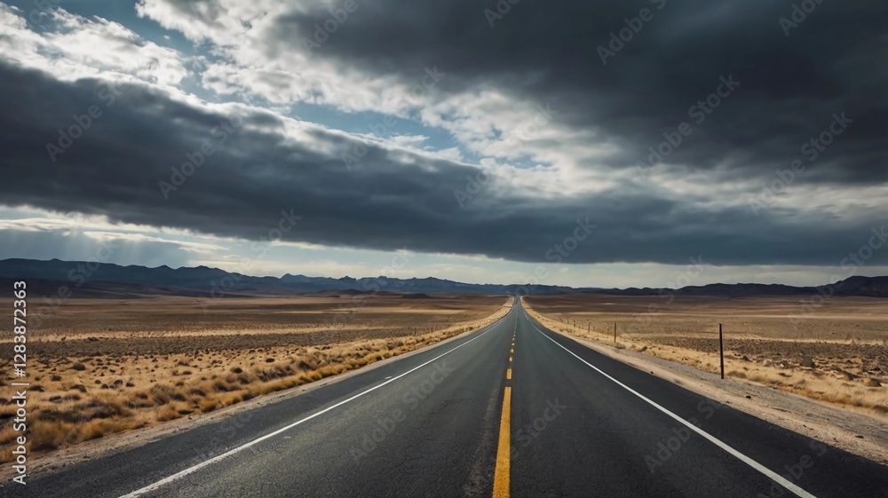 A long, empty road stretching through a barren, hilly landscape under a cloudy sky