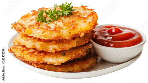 A stack of crispy hash browns served with a side of spicy ketchup