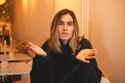 Upset clueless frustrated blonde young girl in wool sweater grimacing sad shrugging raise hands sideways dismay doubtful, no idea what do, complicated decision, wtf. Girl sitting in cafe. photo