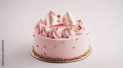 Pink Birthday Cake with Bow and Gold Sprinkles, Isolated on White Background, Studio Shot