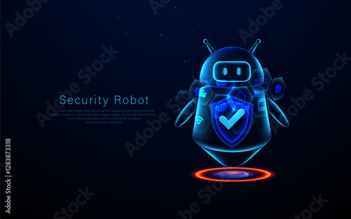 Futuristic Security Robot with Holographic Shield and Cyber Icons