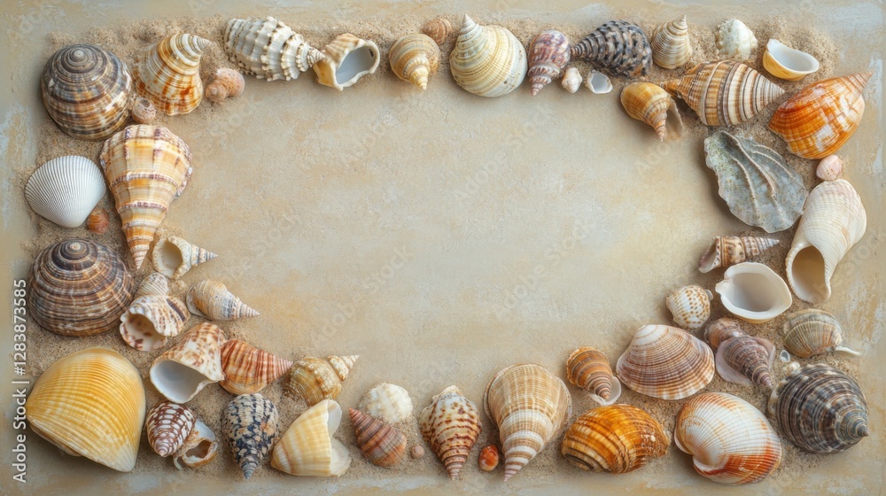 Obraz premium seashell frame border on beige background