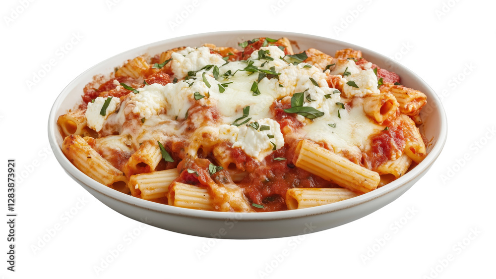 A serving of baked ziti layered with ricotta, mozzarella, and marinara sauce